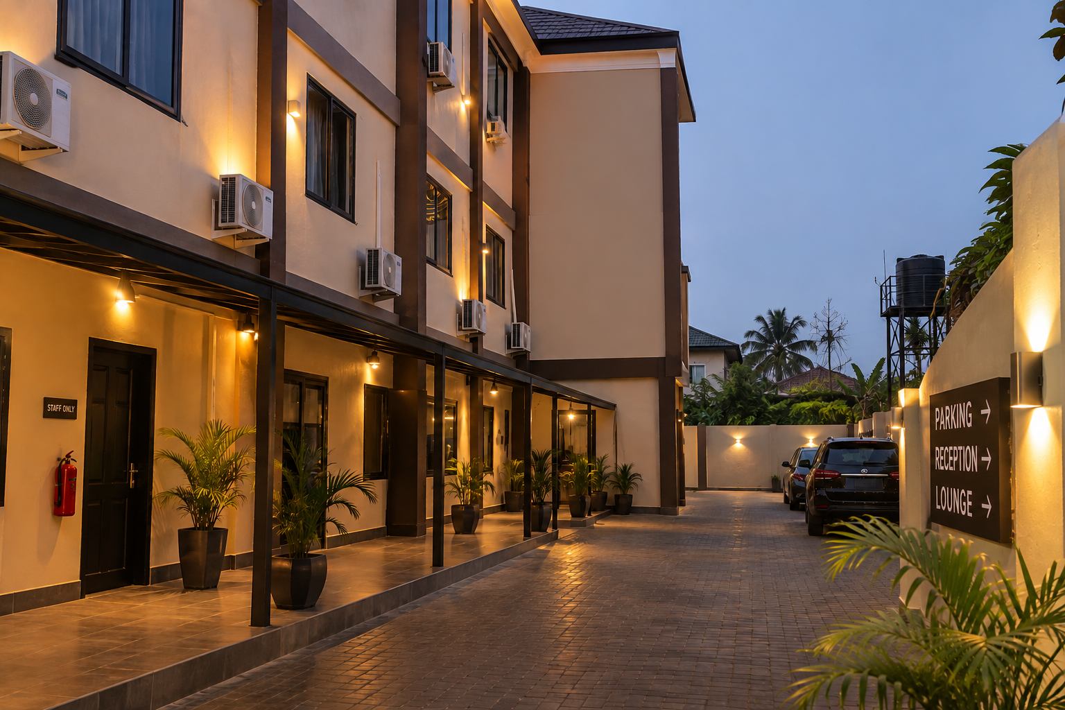 KUM Hotel walkway — reception, parking and lounge signage